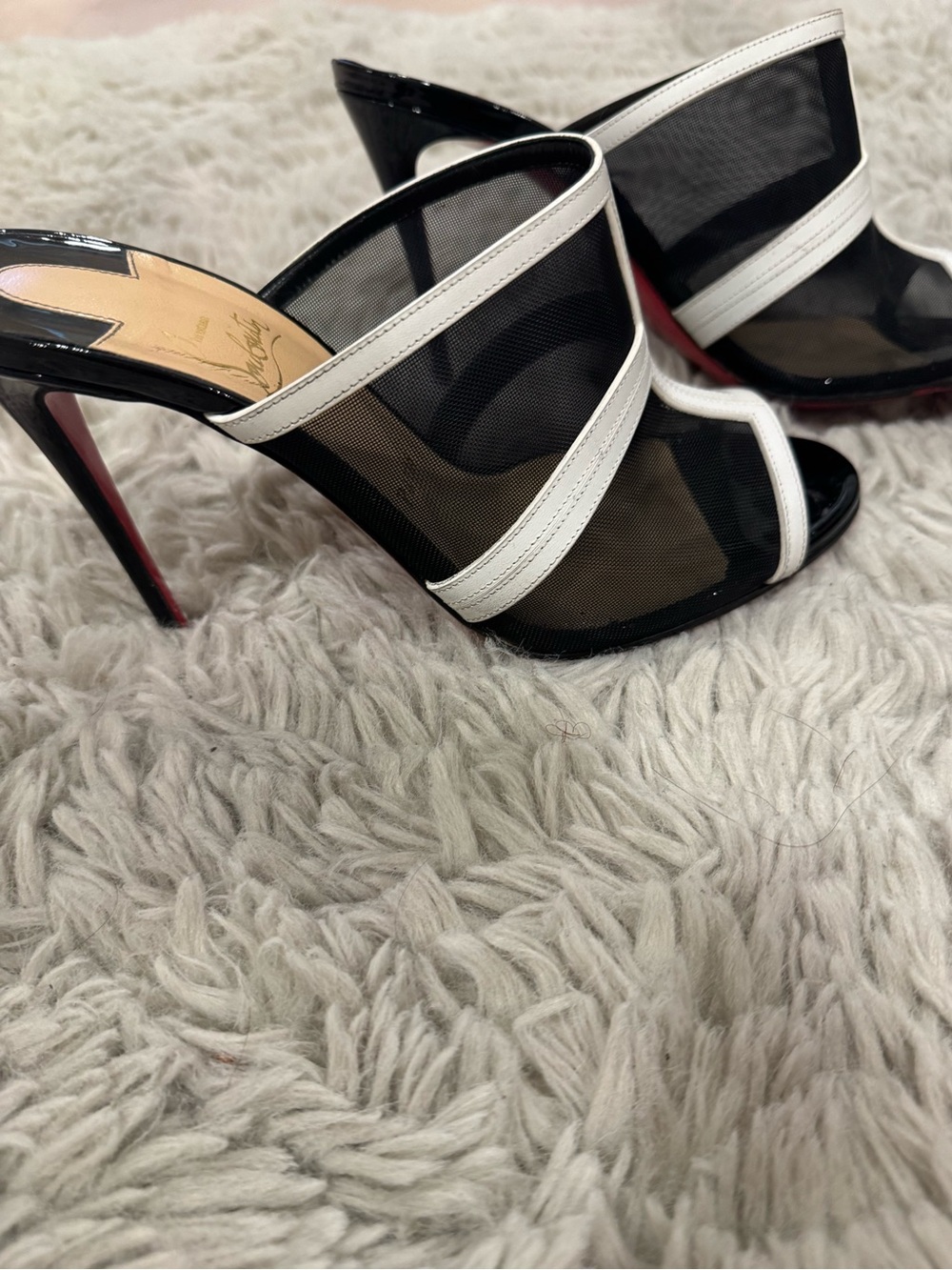 Christian Louboutin Black Mesh and White-Trim High Heel Mules